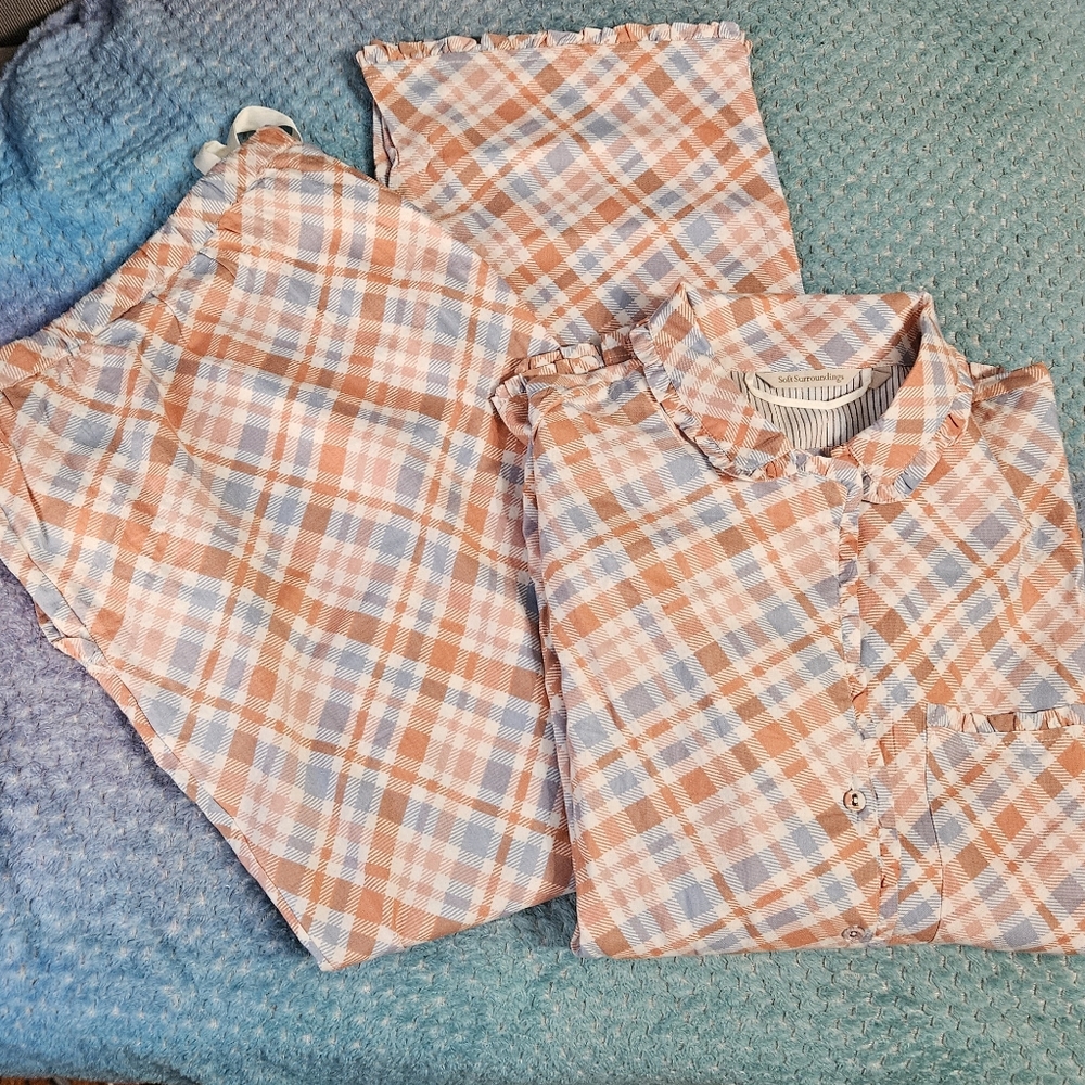 New !! Soft Surroundings Casual Plaid Shirt and Pants - Orange and Blue